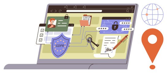 Laptop showcasing GDPR shield, padlock, key, signed document, and personal identification. Ideal for privacy, data security, compliance, cybersecurity encryption global connectivity digital