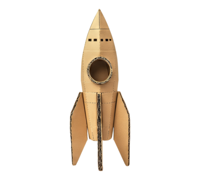 Cardboard rocket ship crafted from a box isolated on transparent background