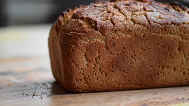 Delicious Golden Brown Barmbrack Loaf on Rustic Wooden Table a Traditional Irish Fruitcake with a Soft Texture Perfect for Bakery Promotion and Halloween Celebrations Evoking an Autumnal and Warm