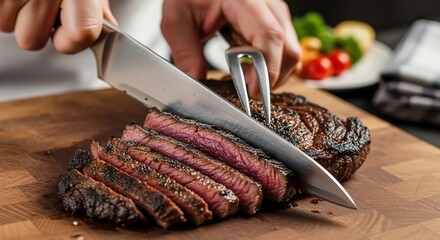 Chef slicing grilled ribeye steak, professional meat prep scene, culinary knife technique photography for editorial and packaging
