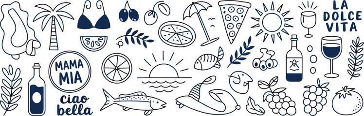 Mama Mia Italian Doodle Art, Pizza Slice, Wine Glass, Palm Tree, Bikini, Lemon, Coffee Cup, Sunset, Ciao Bella, La Dolce Vita Theme