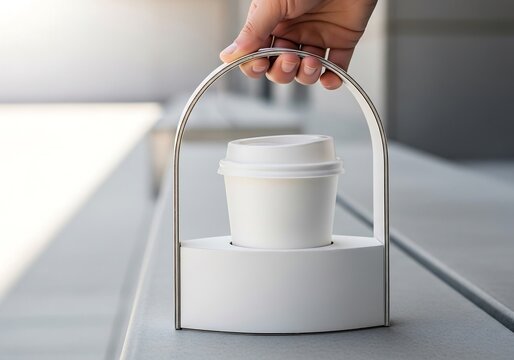 White takeaway coffee cup inside curved designer carrier on concrete bench with hand grip in minimalist architectural outdoor setting