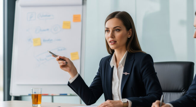 Businesswoman Presenting with Pen During a Meeting.