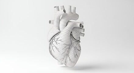Digital Wireframe Model of Human Heart in Gray Background