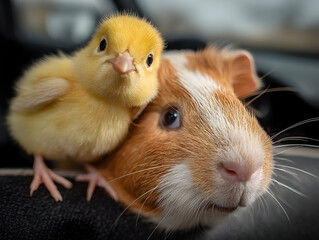 Yellow chick perching atop baby guinea pig, showcasing unexpected bond between tiny farmyard companions, embodying pure cuteness