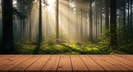 Wood tabletop with forest fog background, surface image for eco product mockups and nature wellness branding