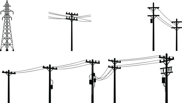 Electric utility poles, transmission tower, power lines vector, energy infrastructure drawing, black silhouette, cad blueprint, electrical supply system design illustration