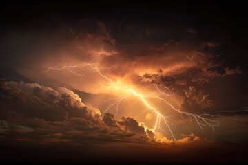 Dramatic lightning strike through dark, stormy clouds at sunset