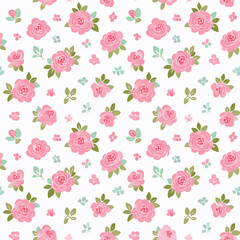Seamless floral pattern with pink watercolor roses and green leaves on light background. Romantic design for wedding invitation, valentine card, fabric, wallpaper
