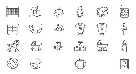 Baby items crib mobile pacifier diaper clothes rocking horse stroller bottle blocks ball duck picture