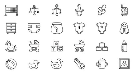 Baby items collection including crib mobile and clothing baby crib pacifier
