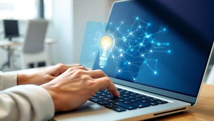 Person working on a laptop with a glowing lightbulb icon on the screen. A concept of creativity, innovative ideas, problem-solving, and technology solutions in business.