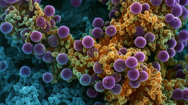 Bacteria densely clustering around healthy colon cells in medium shot focused microbes contrasted against outoffocus cells undergoing malignant transformation under study.