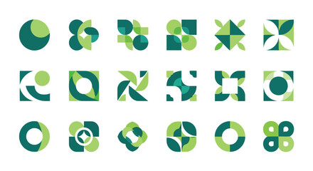 Geometric abstract logos in green and teal shapes circles