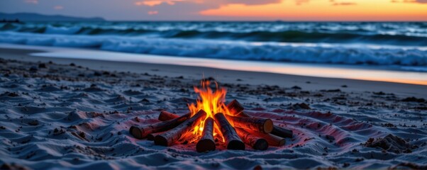 scenic beach campfire setup on the sand during twilight, with logs arranged around the fire