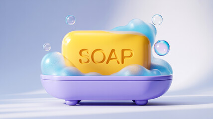 A digital illustration of a yellow bar of soap in a purple plastic soap dish.