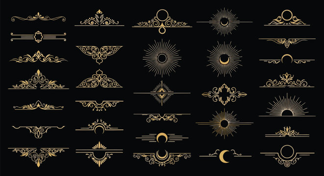 Golden decorative ornaments and celestial elements vector