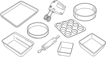 Essential baking kitchen tools for perfect pastries, cakes, muffins, cookies with mixer, rolling pin, bakeware, pans, trays, utensils, accessories, and equipment, top view