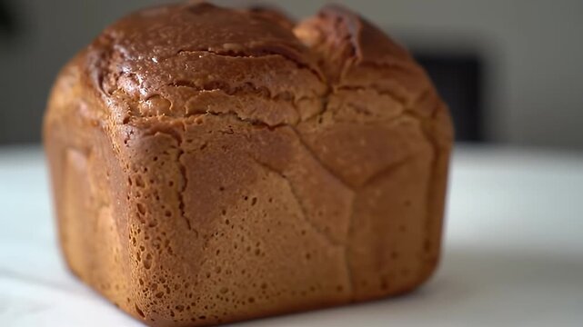Delicious Golden Brown Suikerbrood on White Table a Traditional Frisian Sweet Bread Displaying its Intricate Texture Perfect for Bakery Promos and Culinary Showcases Evoking Warm Comfort and