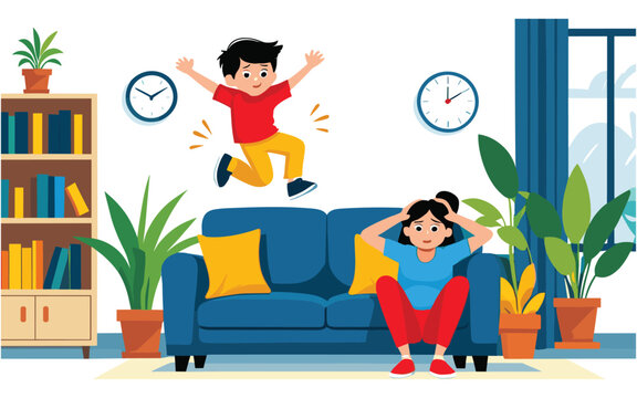 Playful Kid Jumping on Sofa While Tired Mother Struggles with Parenting Stress