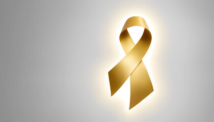 Glowing Gold Ribbon on Child Silhouette – Symbolic 3D Icon for Childhood Cancer Awareness Month, Minimal Design on White Background, Hope and Support Concept
