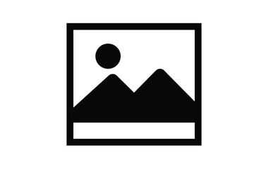 Black graphic of mountains and sun contained within a frame