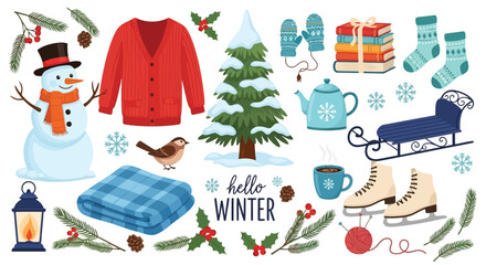 Snowman with scarf and hat cozy winter elements tree red cardigan