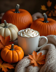 Cozy Autumnal Pumpkin Spice Latte Still Life Composition