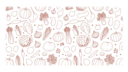 Hand Drawn Vegetables Vector Pattern with Organic Food Elements for Healthy Lifestyle