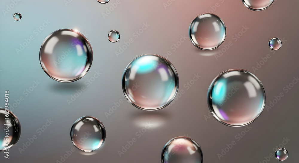 Poster chrome spheres abstract background colorful lighting metallic reflections. shiny 3d render with grad