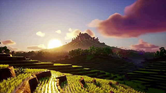 A golden sun rises over a majestic mountain and lush, terraced fields in a beautiful, blocky video game landscape.