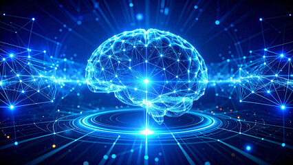 Fototapeta premium Luminous digital brain at the center of a complex neural network, illustrating concepts of artificial intelligence and futuristic data.