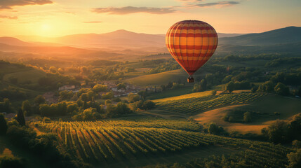 a hot air balloon flying over scenic valleys and vineyards during golden hour