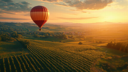Obraz premium a hot air balloon flying over scenic valleys and vineyards during golden hour