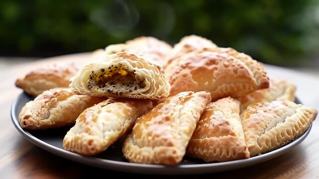 Delicious Golden Fatayer Pastries on Gray Plate Set Against Blurred Natural Green Background Featuring Middle Eastern Cuisine, Traditional Baking Techniques and Perfect for Bakery Promotional