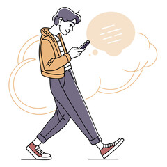 Young Man Walking and Texting on Smartphone, Line Art Illustration, Casual Style, Mobile Phone Use, Modern Design