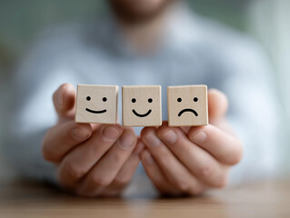 Close-up of hands holding wooden blocks with smiling and frowning faces, concept of customer feedback and emotional response