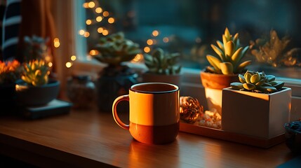 Warm Evening Light on Succulents and a Rustic Mug on Wooden Windowsill