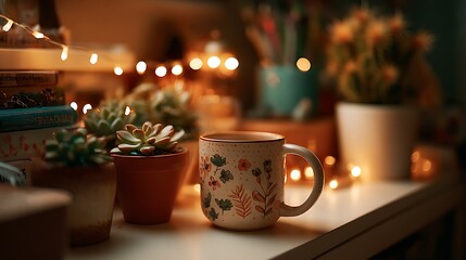Cozy Home Interior with Succulents and a Floral Mug