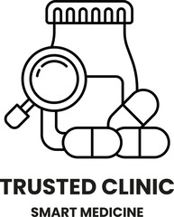 A black and white image of a pill bottle with a magnifying glass on top of it