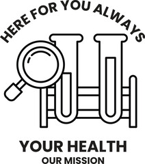 A black and white image of a magnifying glass with a pair of test tubes