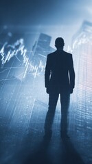 Businessman Silhouette Against Modern Cityscape with Financial Graphs and Data Analytics Visuals