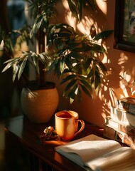 Warm Sunlight Illuminates a Cozy Scene Orange Mug of Tea, Open Book, and Lush Houseplant on Wooden Table