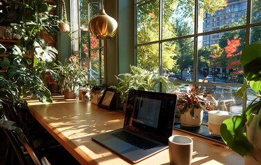Bright Sunlight Illuminates a Modern Workspace with Lush Greenery and a City View