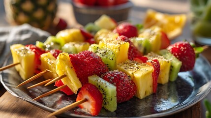Fruit skewers shine on a plate, perfect for healthy eating ads, recipe blogs, or summer-themed web content. Sweet, vibrant, delicious.