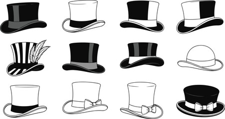 Set of vintage top hats and formal gentleman hats in black and white style, vector illustration for fashion and costume design.