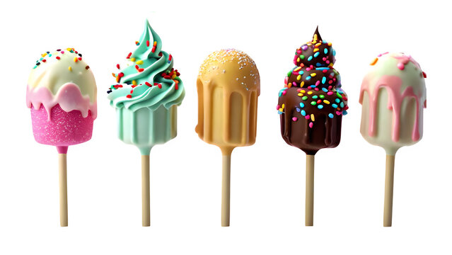 Different kinds of cake pops and ice creams set against a white background