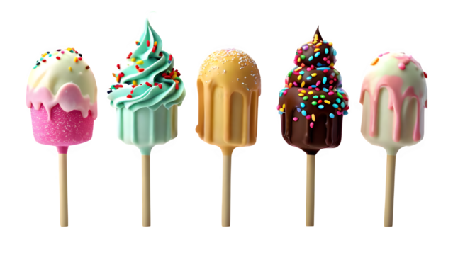 Different kinds of cake pops and ice creams set against a white background