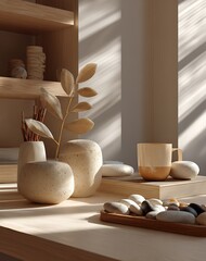 Minimalist Home Office Decor Beige and Cream Ceramics on Wooden Desk with Natural Sunlight