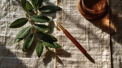 Wooden Pen and Green Leaves on Textured Paper with Inkwell